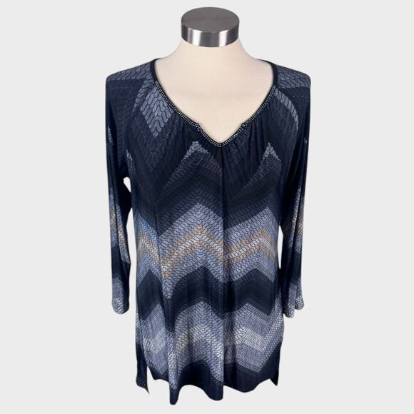 One World Live and Let Live V Neck Chevron Blue Top Polyester Spandex Large - Picture 1 of 6